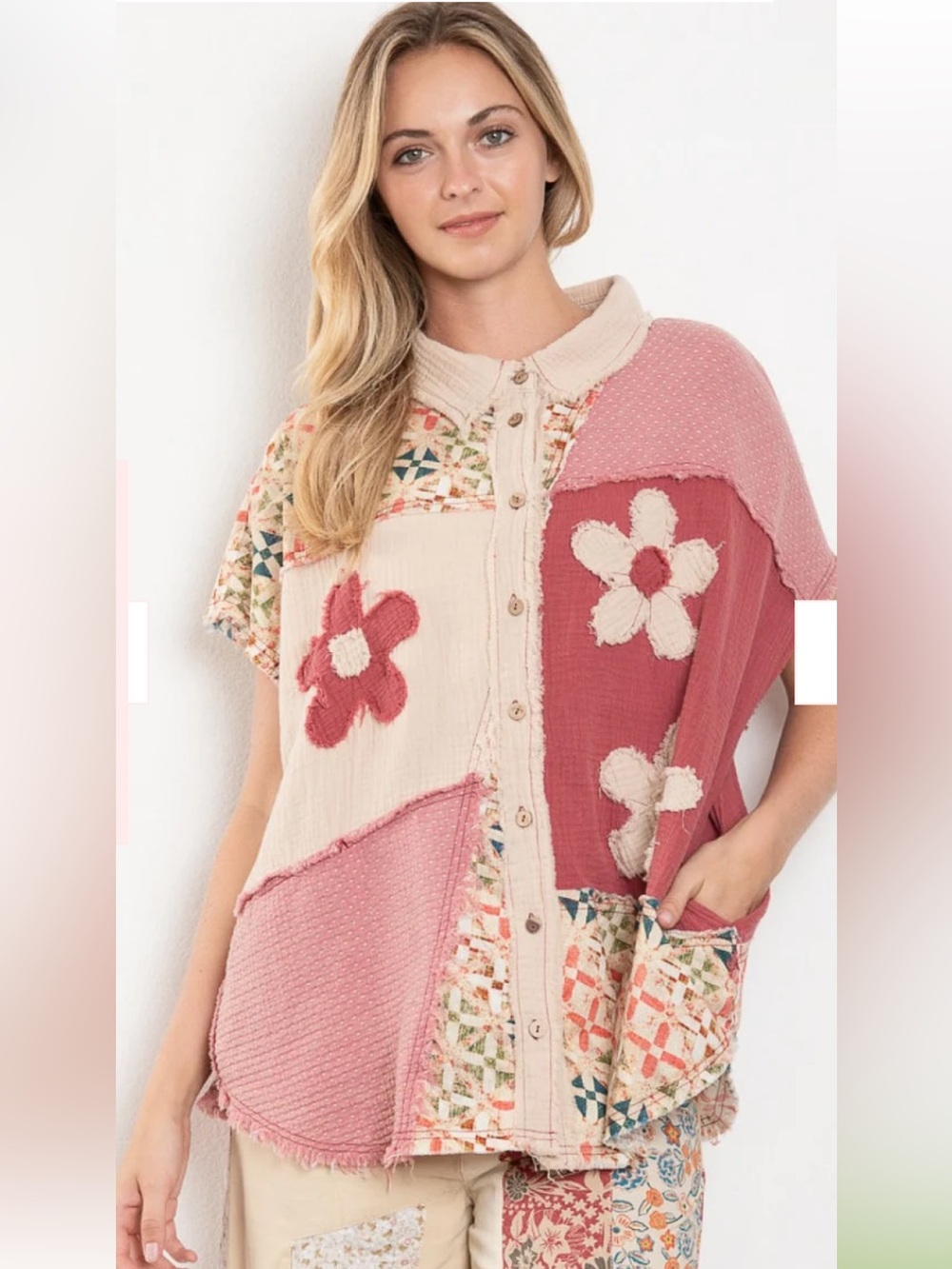 199. NWT Blue Velvet Boho Patchwork Button-Down Shirt in Pink and Cream